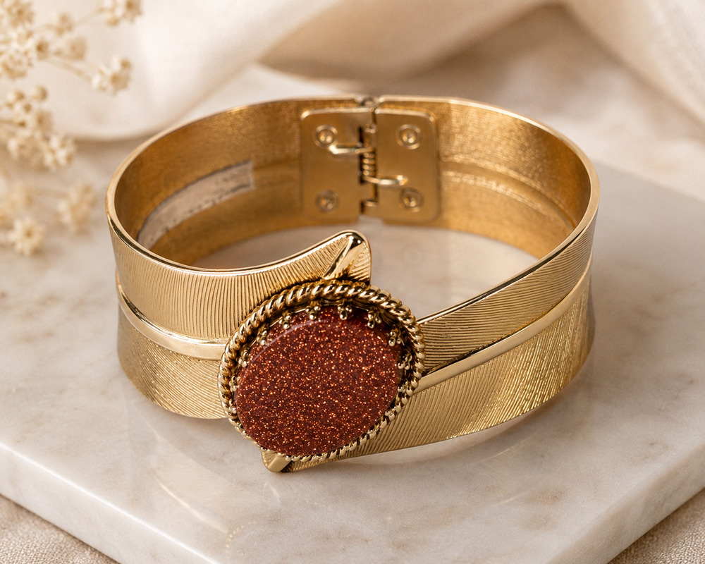 GOLD STONE Gold Tone Druzy Hinged Cuff Bracelet Goldstone Sparkle Statement